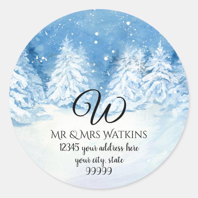 Monogrammed Return Address Snowy Winter Trees Classic Round Sticker (Front)