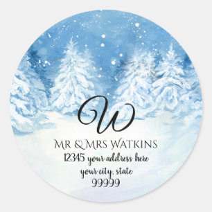 Monogrammed Return Address Snowy Winter Trees Classic Round Sticker