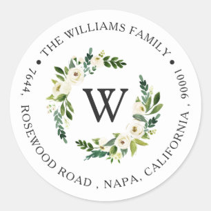 Monogrammed Return Address White Roses Sticker