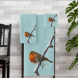 Monogrammed Robin Bird Blue Bath Towel Set