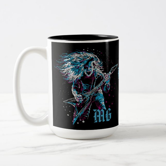 Monogrammed Rock On Heavy Metal Two-Tone Coffee Mug (Left)