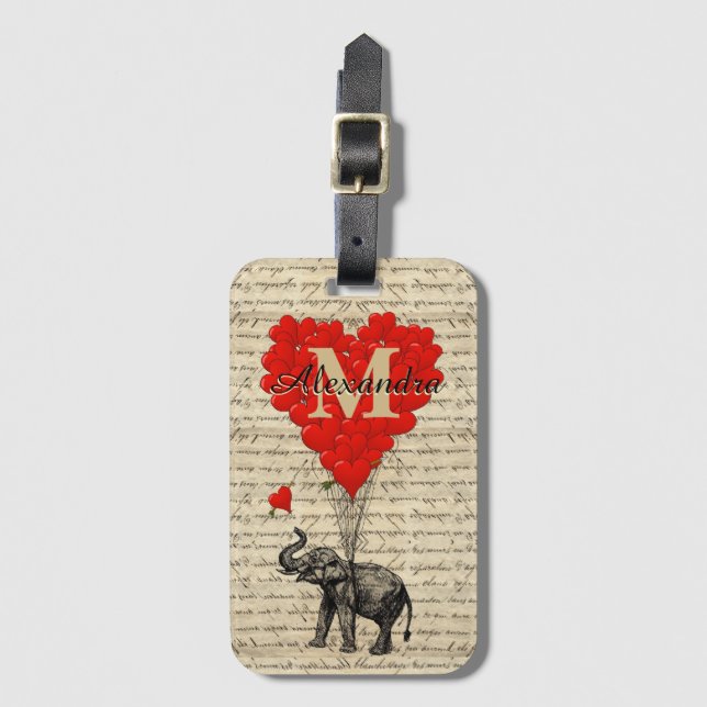 Monogrammed romantic elephant and heart luggage tag (Front Vertical)