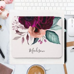 Monogrammed Romantic Vintage Boho Purple Flowers Mouse Mat