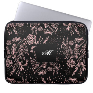 Monogrammed Rose Gold Black Botanical Pattern La Laptop Sleeve