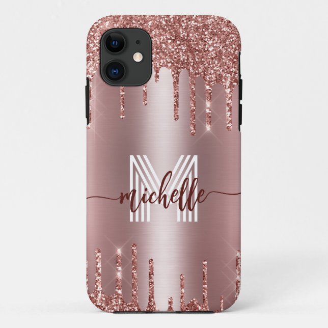 Monogrammed Rose Gold Blush Pink Dripping Glitter Case-Mate iPhone Case (Back)