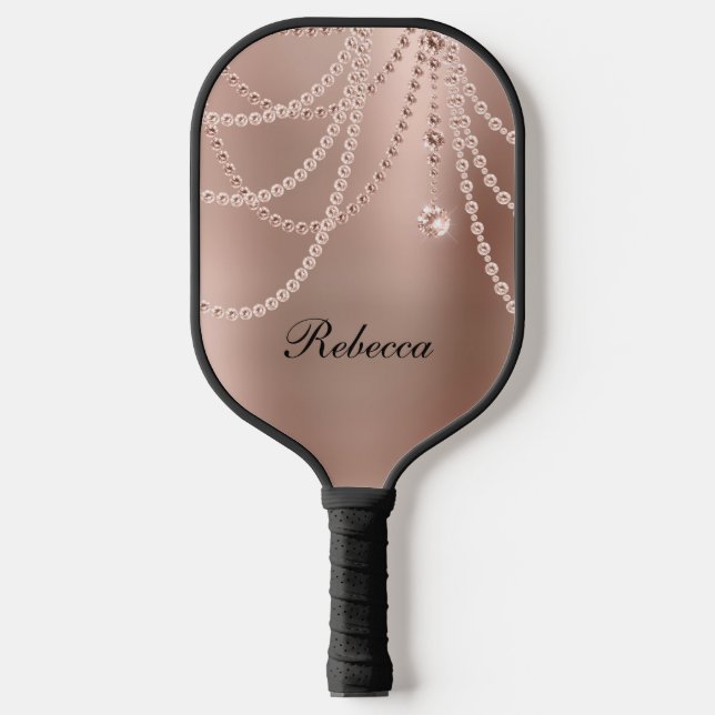Monogrammed Rose Gold Blush Pink Glam Bling  Pickleball Paddle (Front)