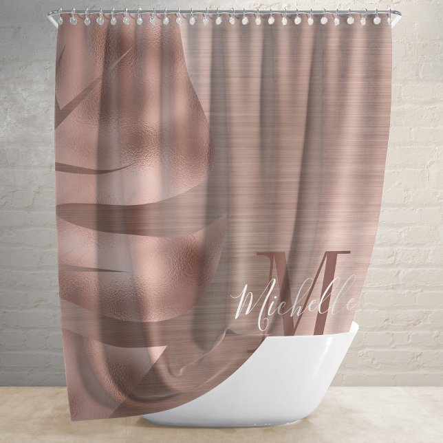 Monogrammed Rose Gold Brushed Metal Palm Leaf Shower Curtain (Creator Uploaded)