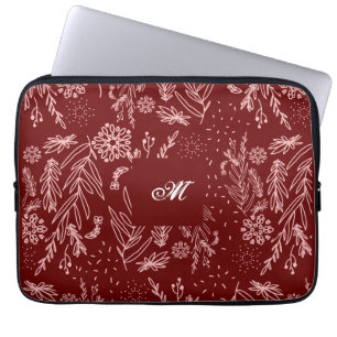 Monogrammed Rose Gold Burgundy Botanical Pattern Laptop Sleeve