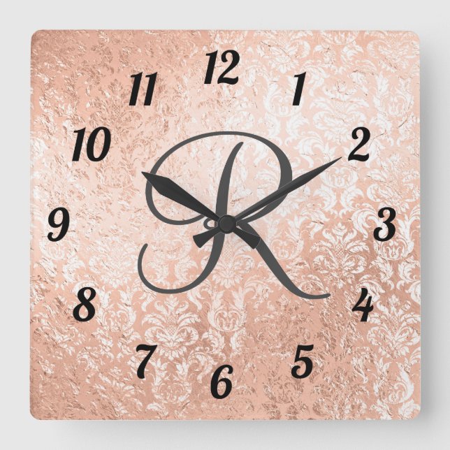 Monogrammed Rose Gold Damask Square Wall Clock (Front)
