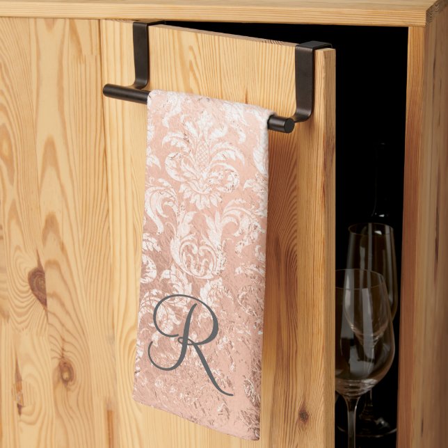 Monogrammed Rose Gold Damask  Tea Towel (Thirds Fold)