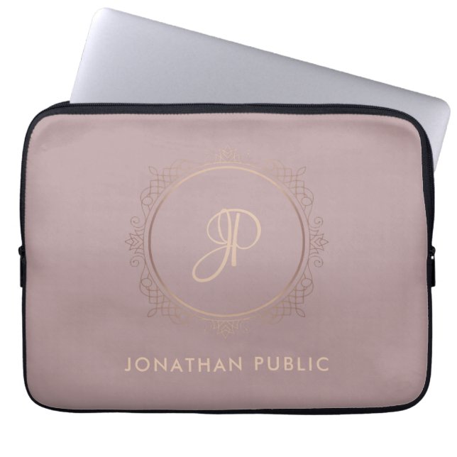 Monogrammed Rose Gold Elegant Template Laptop Sleeve (Front)