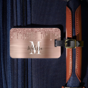 Monogrammed Rose Gold Glitter Brushed Metal Luggage Tag