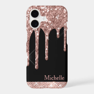 Monogrammed Rose Gold Glitter Drips on Black