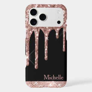 Monogrammed Rose Gold Glitter Drips on Black