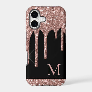 Monogrammed Rose Gold Glitter Drips on Black