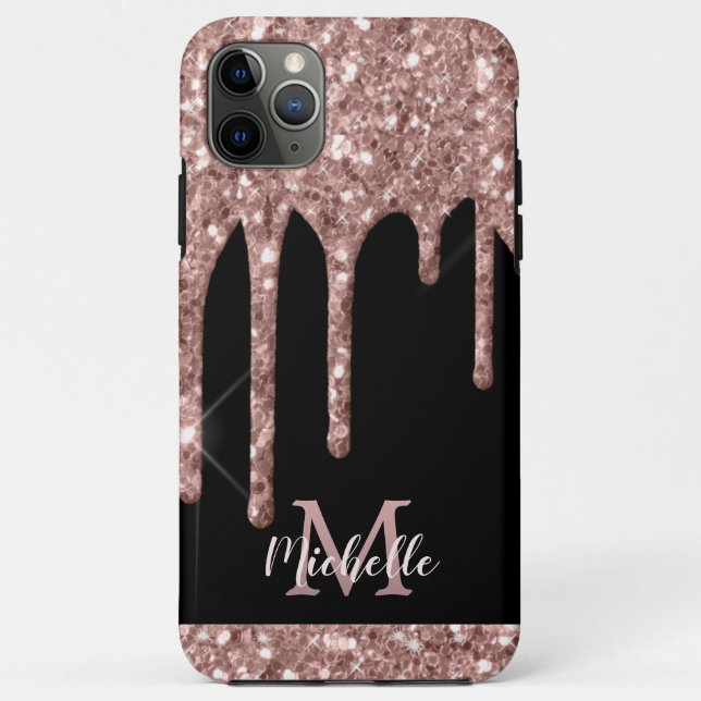 Monogrammed Rose Gold Glitter Drips on Black Case-Mate iPhone Case (Back)