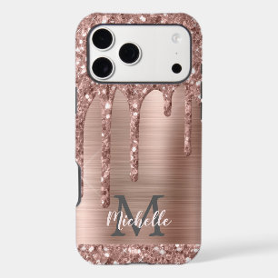 Monogrammed Rose Gold Glitter Drips on Pink Metal