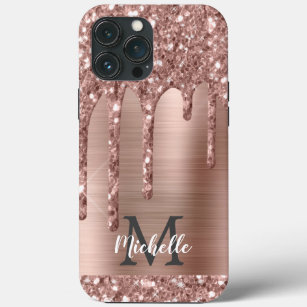 Monogrammed Rose Gold Glitter Drips on Pink Metal  Case-Mate iPhone Case