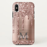 Monogrammed Rose Gold Glitter Drips on Pink Metal iPhone XS Case<br><div class="desc">Modern, girly rose gold glitter drips name and monogrammed iphone case. This design features blush pink rose gold glitter sparkle drips on pink brushed metal background with custom personalised monogram initial and first name text template. Perfect feminine gift. Please note, this design is printed photo effect. If you need help...</div>