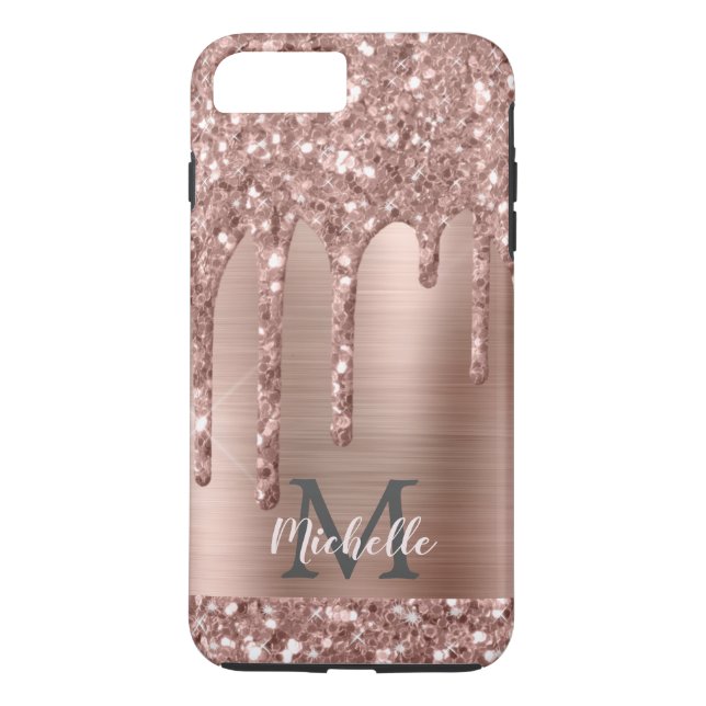 Monogrammed Rose Gold Glitter Drips on Pink Metal Case-Mate iPhone Case (Back)