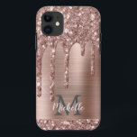 Monogrammed Rose Gold Glitter Drips on Pink Metal iPhone 11 Case<br><div class="desc">Modern,  girly rose gold glitter drips name and monogrammed iphone case. This design features blush pink rose gold glitter sparkle drips on pink brushed metal background with custom personalised monogram initial and first name text template. Perfect feminine gift. If you need help or matching items,  please contact to me.</div>