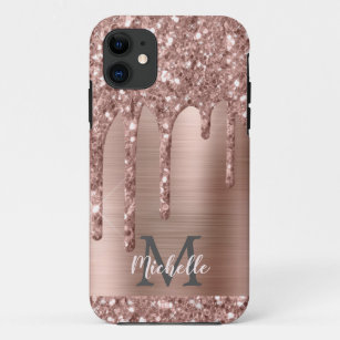 Monogrammed Rose Gold Glitter Drips on Pink Metal Case-Mate iPhone Case