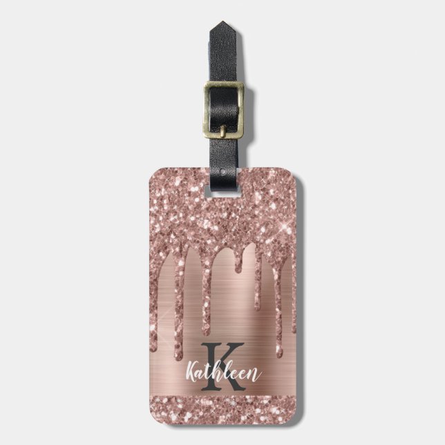 Monogrammed Rose Gold Glitter Drips on Pink Metal Luggage Tag (Front Vertical)