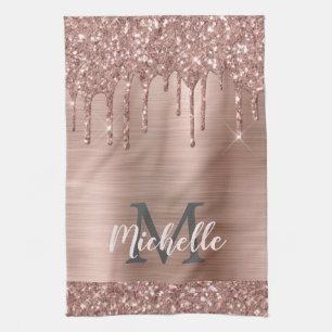 Monogrammed Rose Gold Glitter Drips on Pink Metal Tea Towel