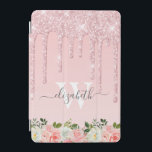 Monogrammed Rose Gold Glitter Drips Pink Floral iPad Mini Cover<br><div class="desc">Modern, girly rose gold glitter drips name and monogrammed ipad cover. This design features blush pink rose gold glitter sparkle drips on pink background. At the bottom blush pink watercolor rose floral arrangement. Including a custom personalised monogram initial and a first name text template in hand lettered script font. Perfect...</div>