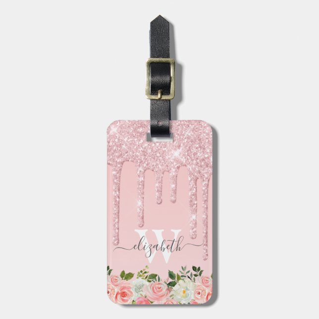 Monogrammed Rose Gold Glitter Drips Pink Floral Luggage Tag (Front Vertical)