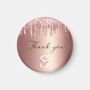 Monogrammed Rose Gold Glitter Drips Thank you Magnet