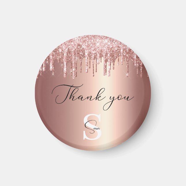 Monogrammed Rose Gold Glitter Drips Thank you Magnet (Front)