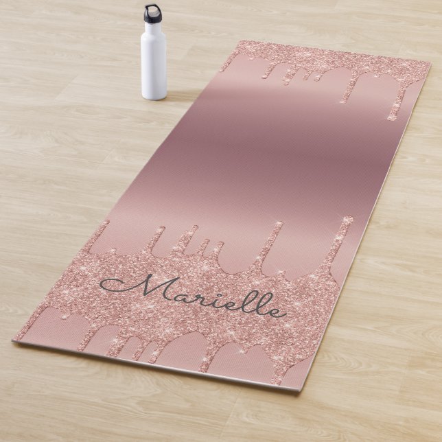 Monogrammed Rose Gold Glitter Drips Yoga Mat (In Situ)
