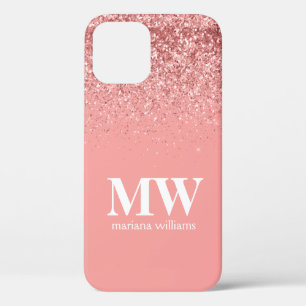 Monogrammed Rose Gold Glitter Elegant Script iPhone 12 Case