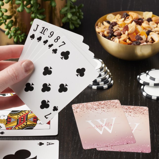 Monogrammed Rose Gold Glitter Elegant Script Playing Cards (In Situ)