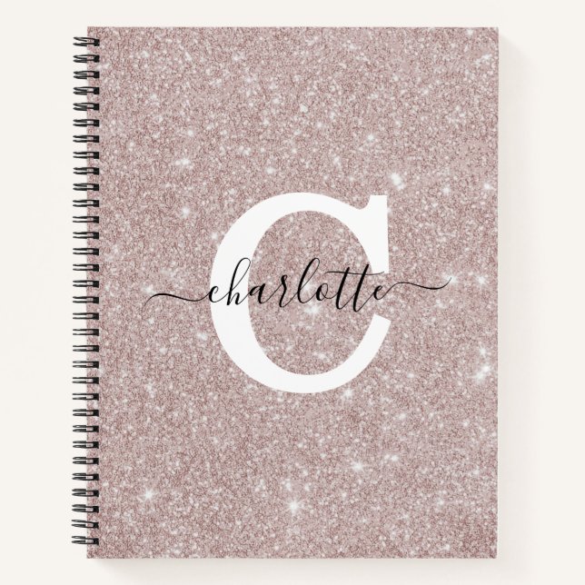 Monogrammed Rose Gold Glitter Pink Script Notebook (Front)