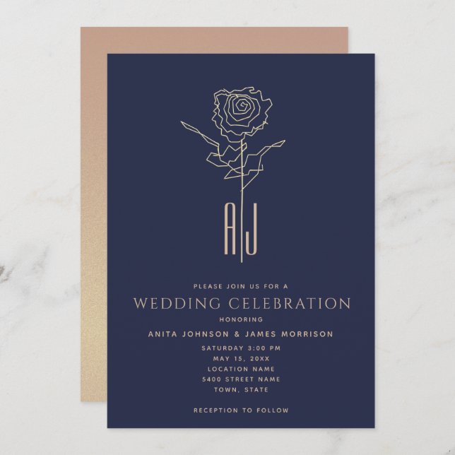 Monogrammed Rose Gold Navy Blue Wedding Invitation (Front/Back)