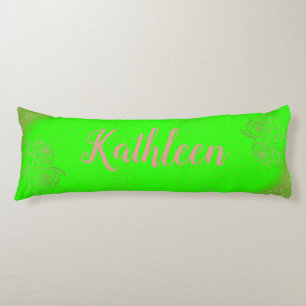 Monogrammed Rose Gold Pink Roses on Green Body Cushion