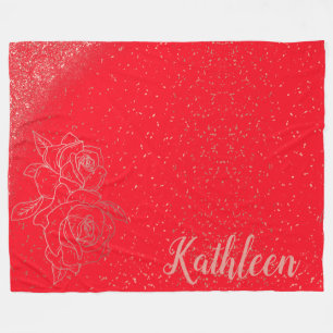 Monogrammed Rose Gold Pink Roses on Red    Fleece Blanket