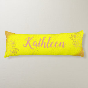 Monogrammed Rose Gold Pink Roses on Yellow Body Cushion