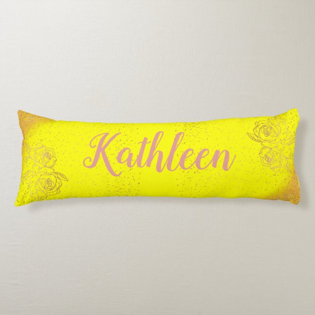 Monogrammed Rose Gold Pink Roses on Yellow |  Body Cushion (Front)