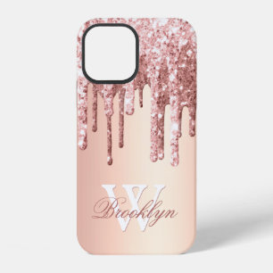 Monogrammed Rose Gold Sparkle Glitter Drips iPhone 12 Case