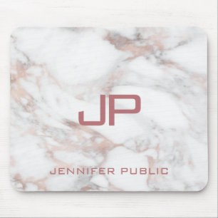 Monogrammed Rose Gold White Marble Template Mouse Mat
