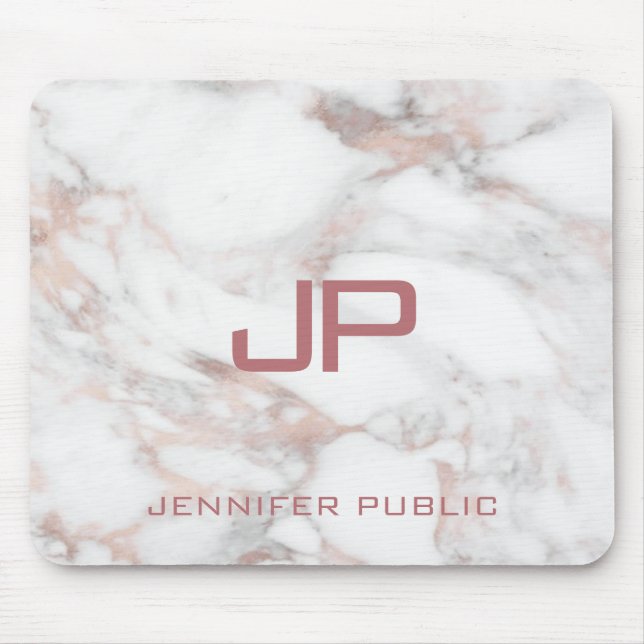 Monogrammed Rose Gold White Marble Template Mouse Mat (Front)