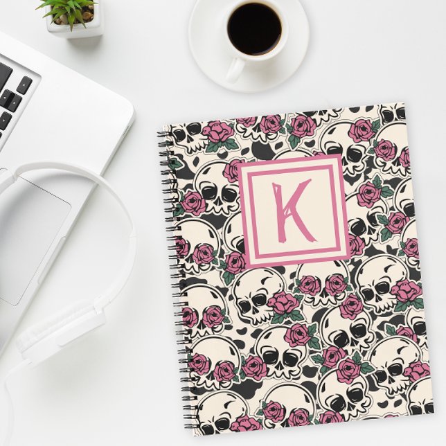 Monogrammed Rose Skull Grunge Notebook (Show some attitude with this fun personalized notebook.)