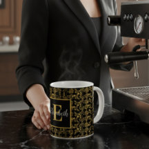 Monogrammed Royal Black & Gold Floral Damask