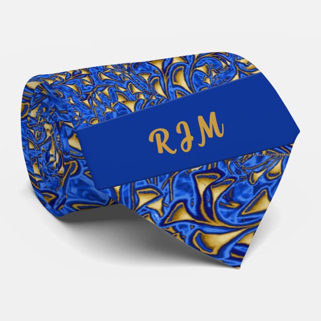 Monogrammed Royal Blue and Gold Paisley Tie (Rolled)