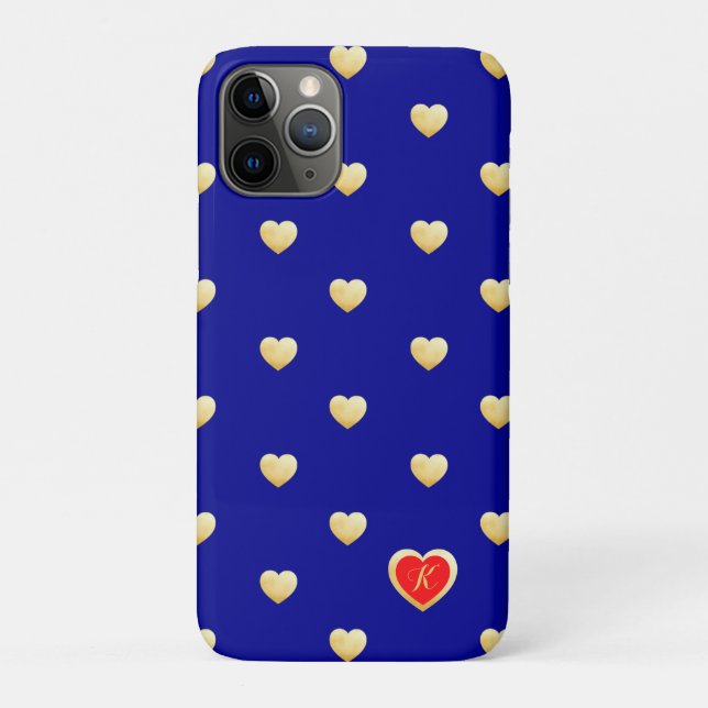 Monogrammed Royal Blue Gold Hearts on Solid Colour Case-Mate iPhone Case (Back)