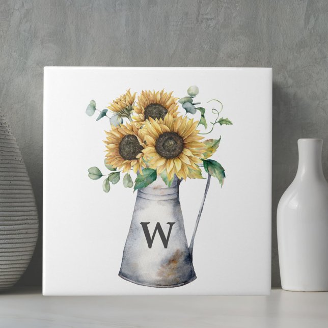 Monogrammed Rustic Autumn Sunflower Vase Tile (In situ)