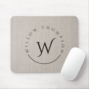 Monogrammed Rustic Beige Linen Elegant Script Mouse Mat